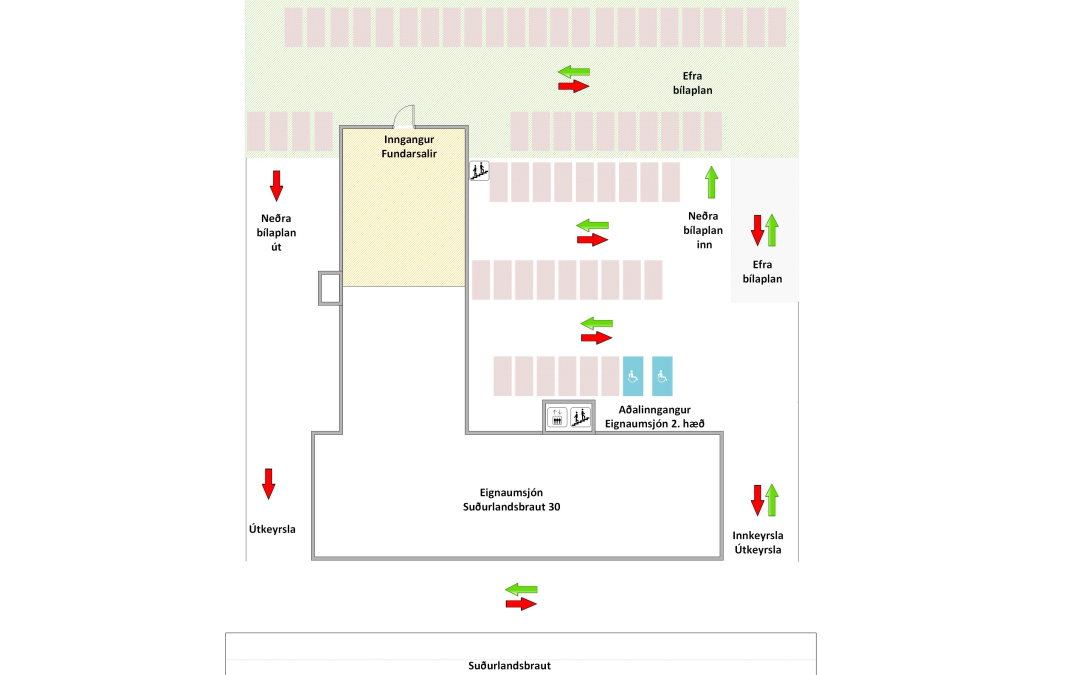Keyrt er inn á bílastæðið á bakvið Suðurlandsbraut 30 vestanmegin við húsið. Gengið er inn í nýja fundarsali Eignaumsjónar á suðurhlið bakhússins á efra bílastæðinu.